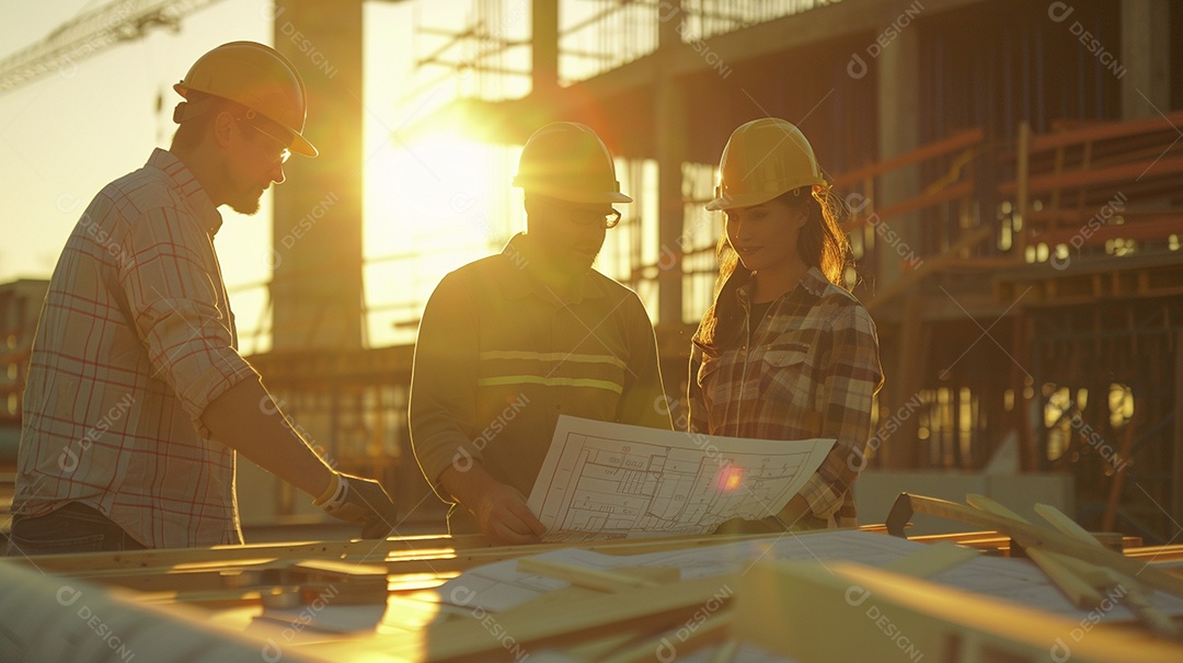 Equipe de engenheiros engajados, trabalhando em torno de uma mesa de conferência com plantas