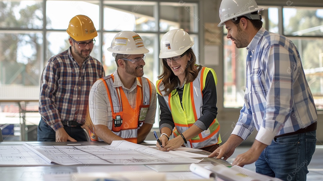 Equipe de engenheiros engajados, trabalhando em torno de uma mesa de conferência com plantas