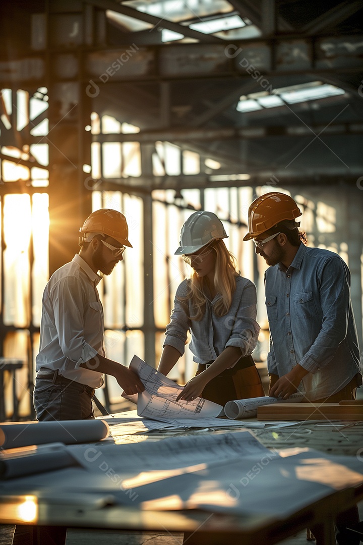 Equipe de engenheiros engajados, trabalhando em torno de uma mesa de conferência com plantas