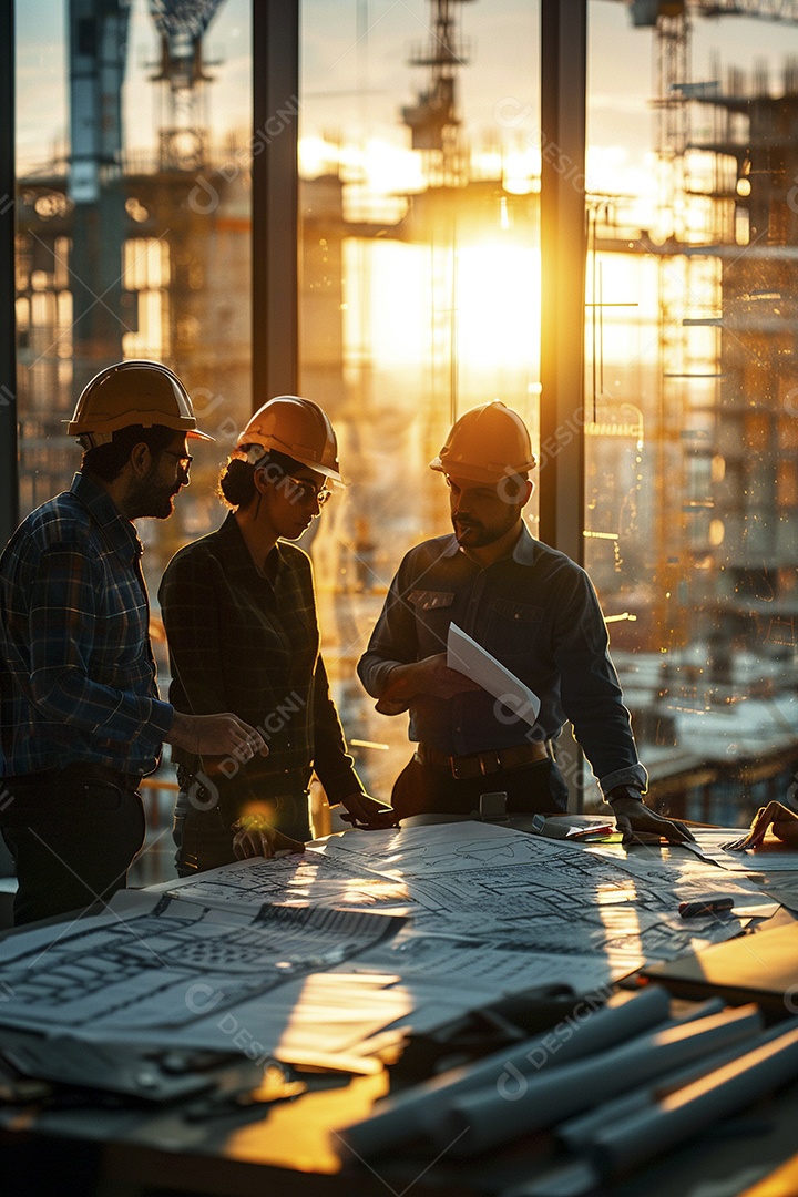 Equipe de engenheiros engajados, trabalhando em torno de uma mesa de conferência com plantas