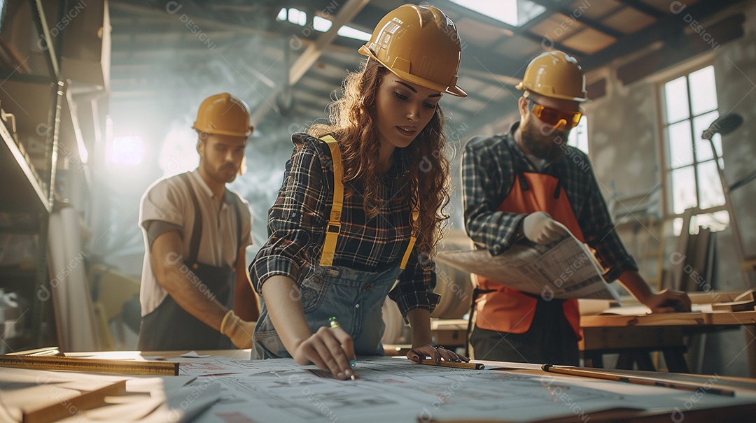 Equipe de engenheiros engajados, trabalhando em torno de uma mesa de conferência com plantas