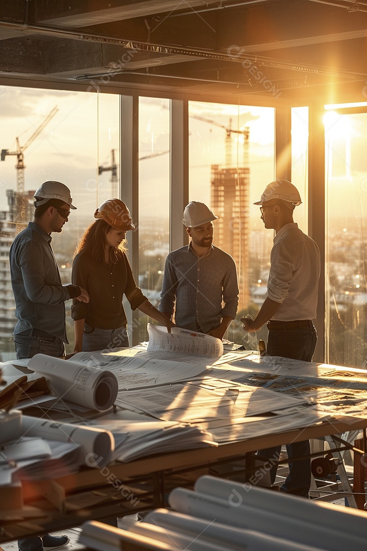 Equipe de engenheiros engajados, trabalhando em torno de uma mesa de conferência com plantas