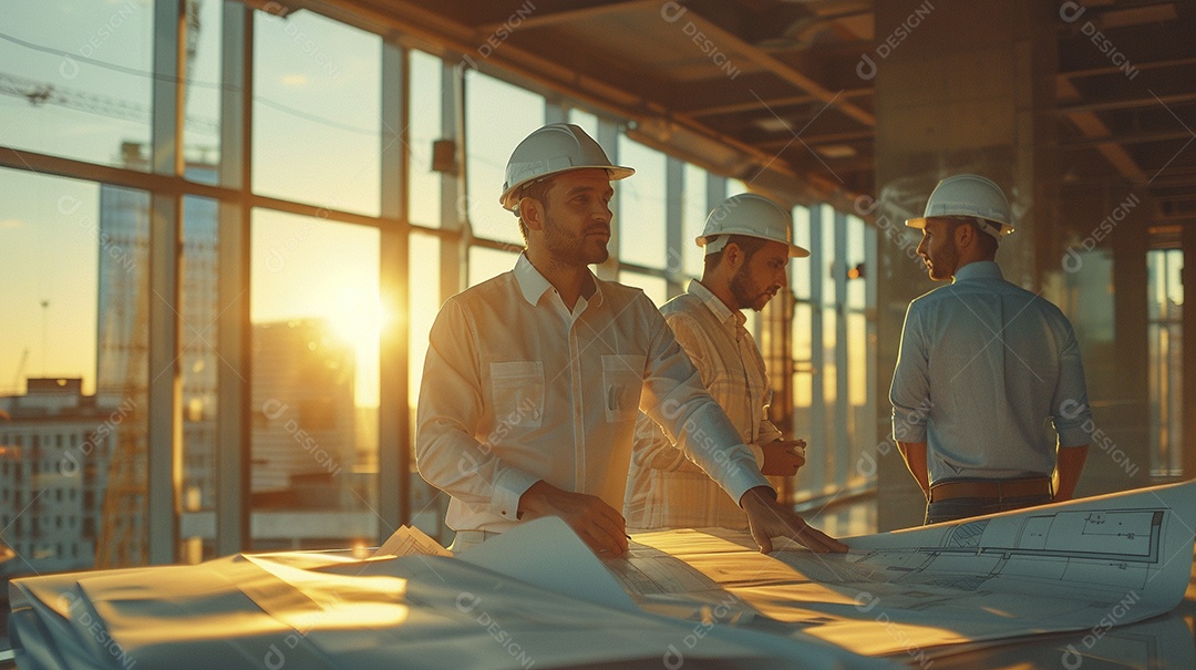 Equipe de engenheiros engajados, trabalhando em torno de uma mesa de conferência com plantas