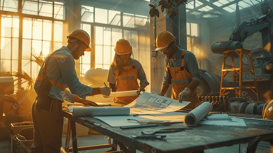 Equipe de engenheiros engajados, trabalhando em torno de uma mesa de conferência com plantas