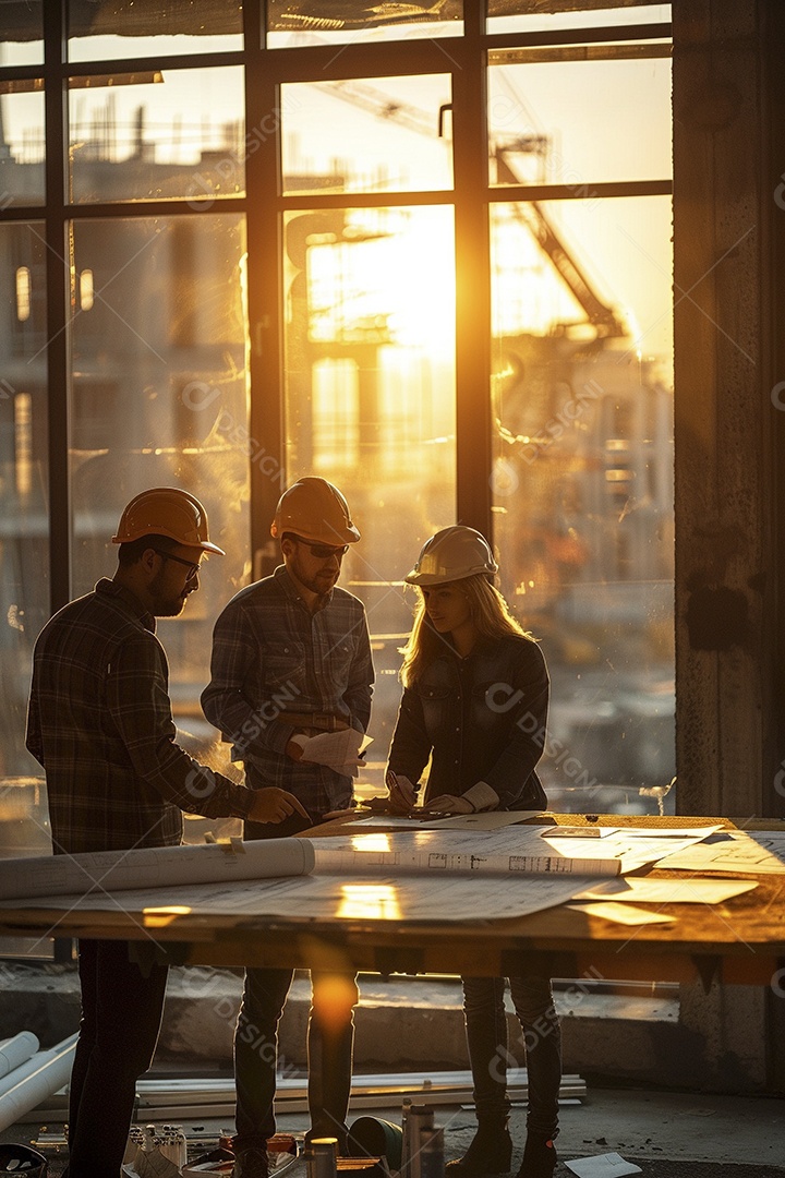 Equipe de engenheiros engajados, trabalhando em torno de uma mesa de conferência com plantas