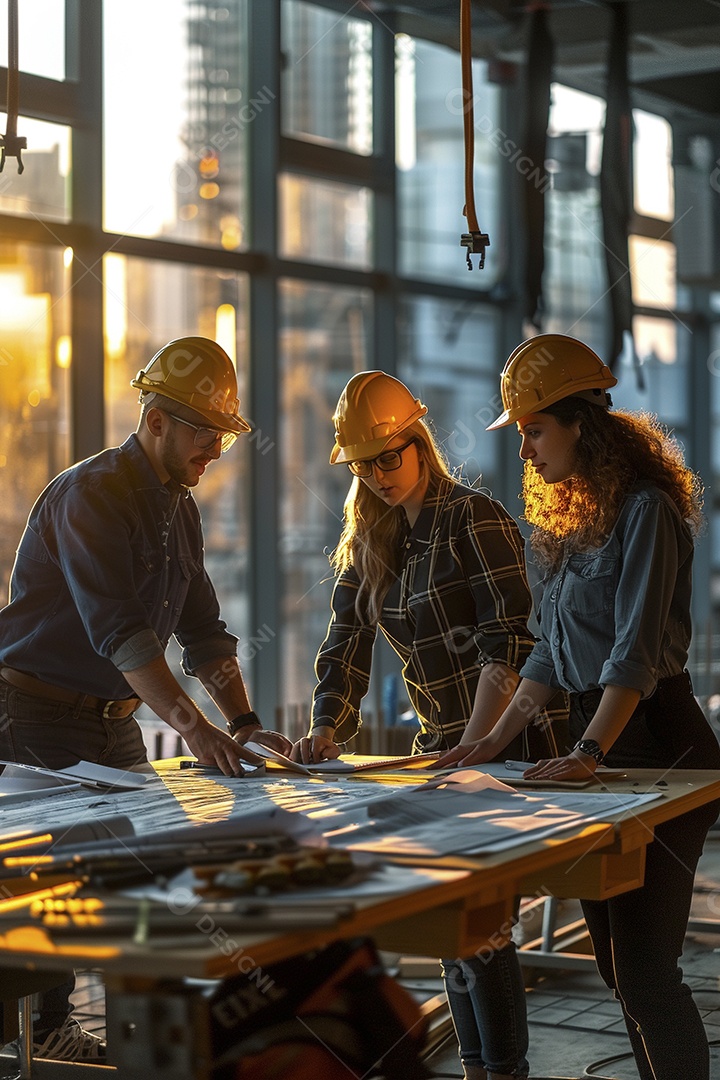 Equipe de engenheiros engajados, trabalhando em torno de uma mesa de conferência com plantas
