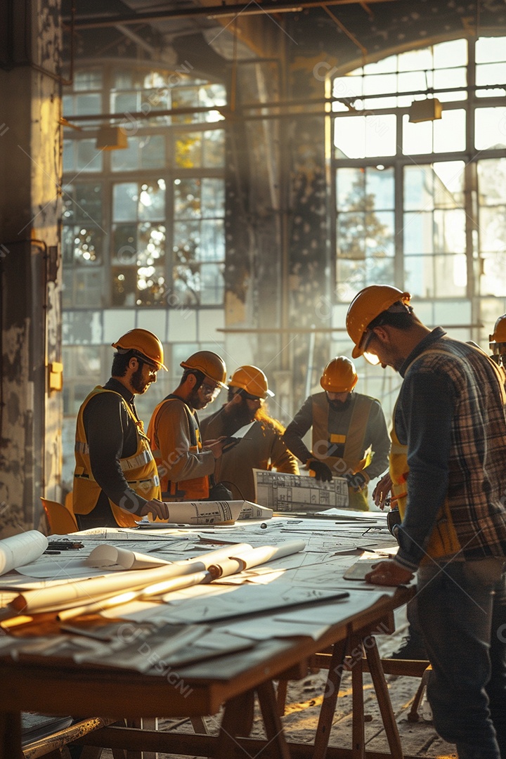 Equipe de engenheiros engajados, trabalhando em torno de uma mesa de conferência com plantas