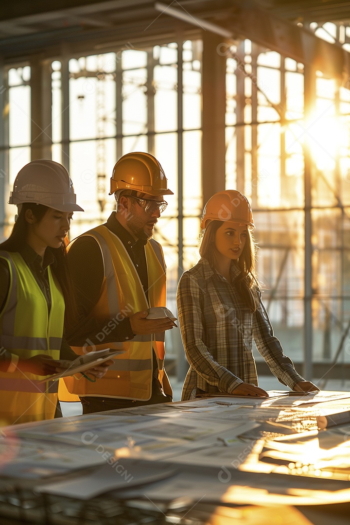 Equipe de engenheiros engajados, trabalhando em torno de uma mesa de conferência com plantas