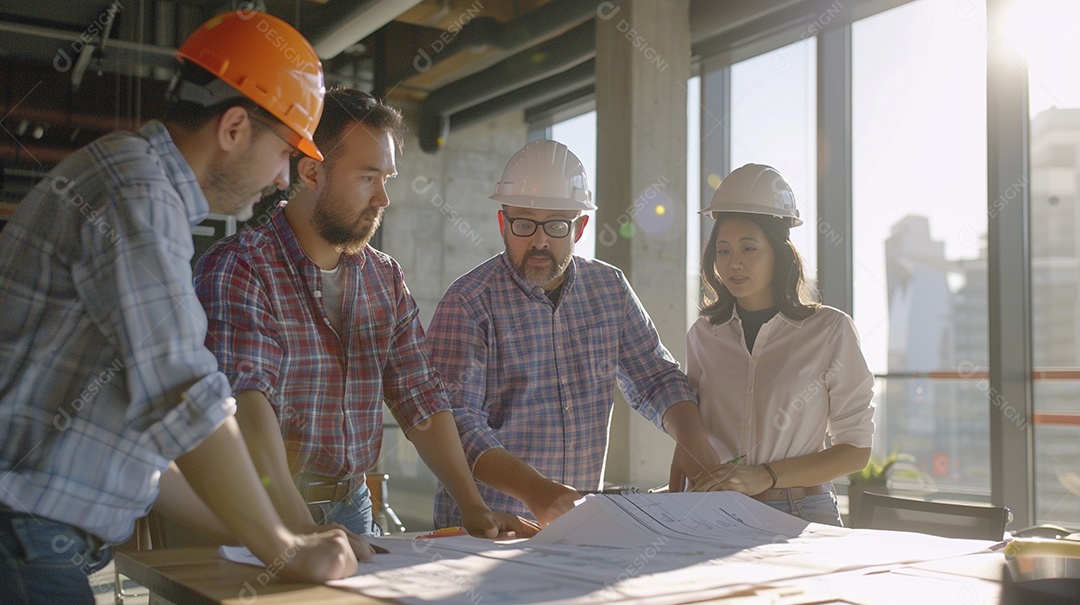 Equipe de engenheiros engajados, trabalhando em torno de uma mesa de conferência com plantas