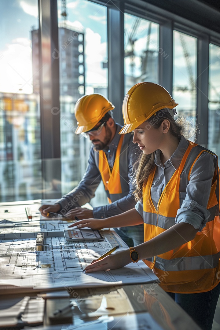 Equipe de engenheiros engajados, trabalhando em torno de uma mesa de conferência com plantas