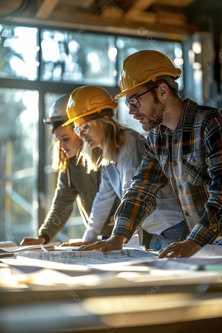 Equipe de engenheiros engajados, trabalhando em torno de uma mesa de conferência com plantas