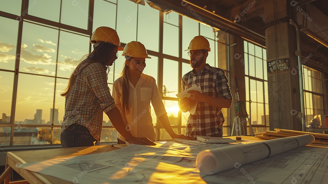 Equipe de engenheiros engajados, trabalhando em torno de uma mesa de conferência com plantas