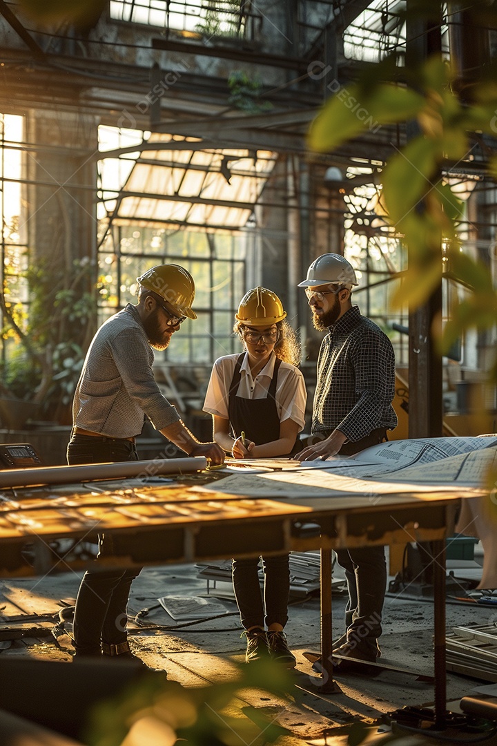 Equipe de engenheiros engajados, trabalhando em torno de uma mesa de conferência com plantas
