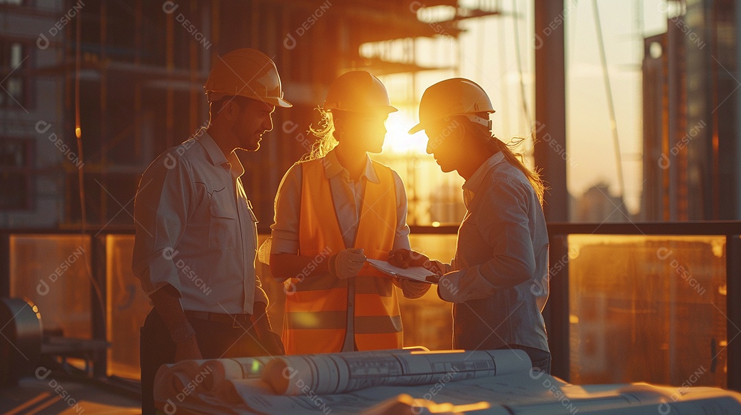 Equipe de engenheiros engajados, trabalhando em torno de uma mesa de conferência com plantas