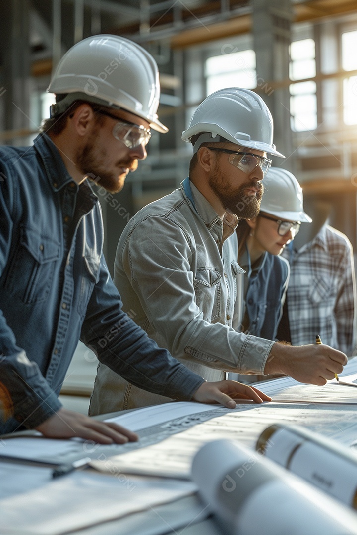 Equipe de engenheiros engajados, trabalhando em torno de uma mesa de conferência com plantas
