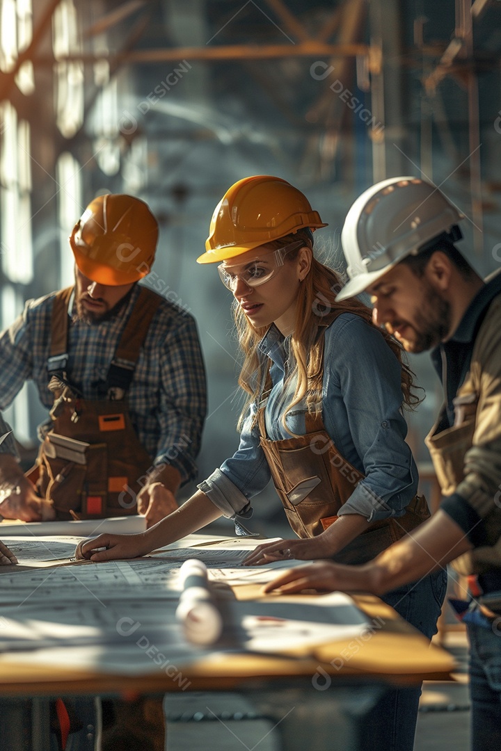 Equipe de engenheiros engajados, trabalhando em torno de uma mesa de conferência com plantas