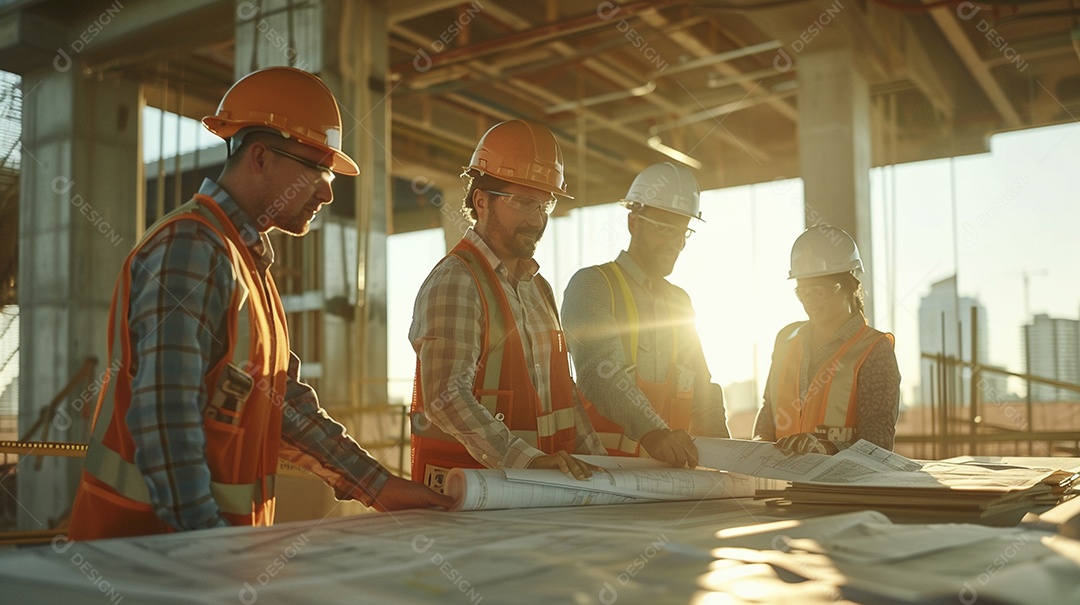 Equipe de engenheiros engajados, trabalhando em torno de uma mesa de conferência com plantas