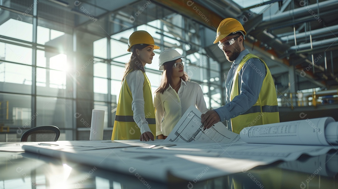 Equipe de engenheiros engajados, trabalhando em torno de uma mesa de conferência com plantas
