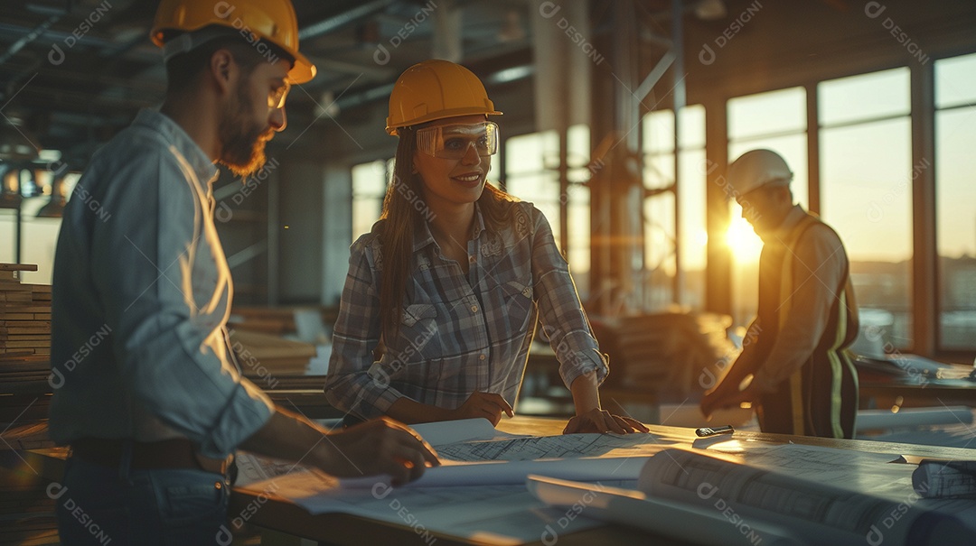 Equipe de engenheiros engajados, trabalhando em torno de uma mesa de conferência com plantas