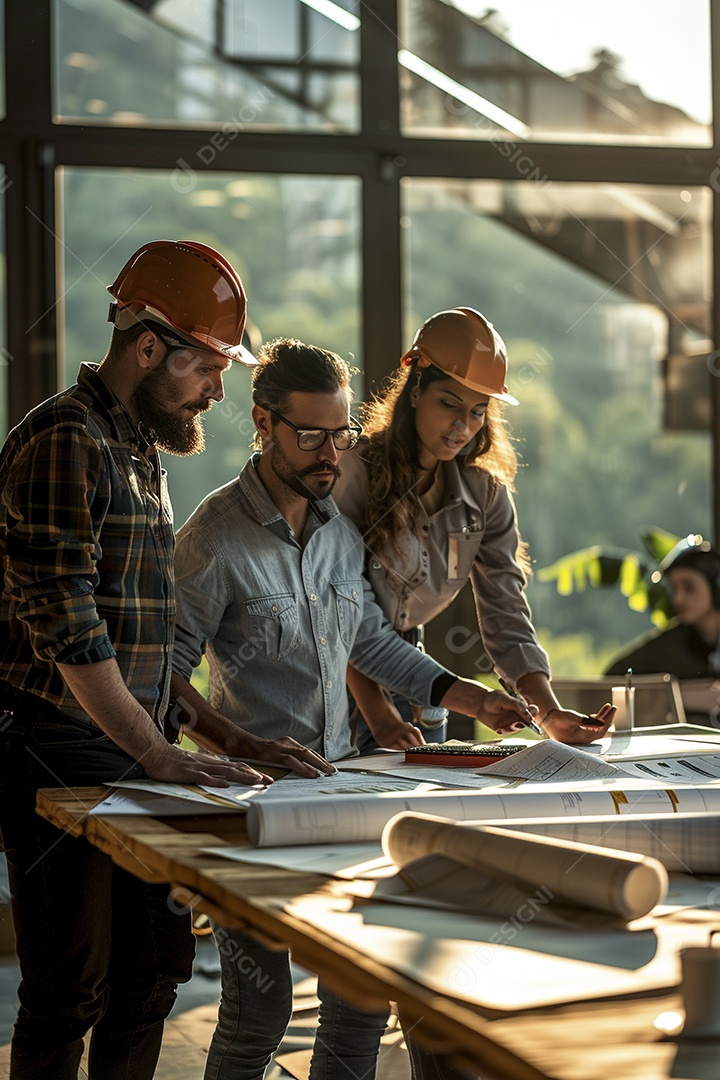 Equipe de engenheiros engajados, trabalhando em torno de uma mesa de conferência com plantas
