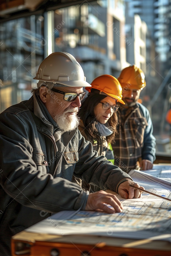 Equipe de engenheiros engajados, trabalhando em torno de uma mesa de conferência com plantas