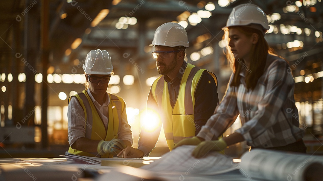 Equipe de engenheiros engajados, trabalhando em torno de uma mesa de conferência com plantas