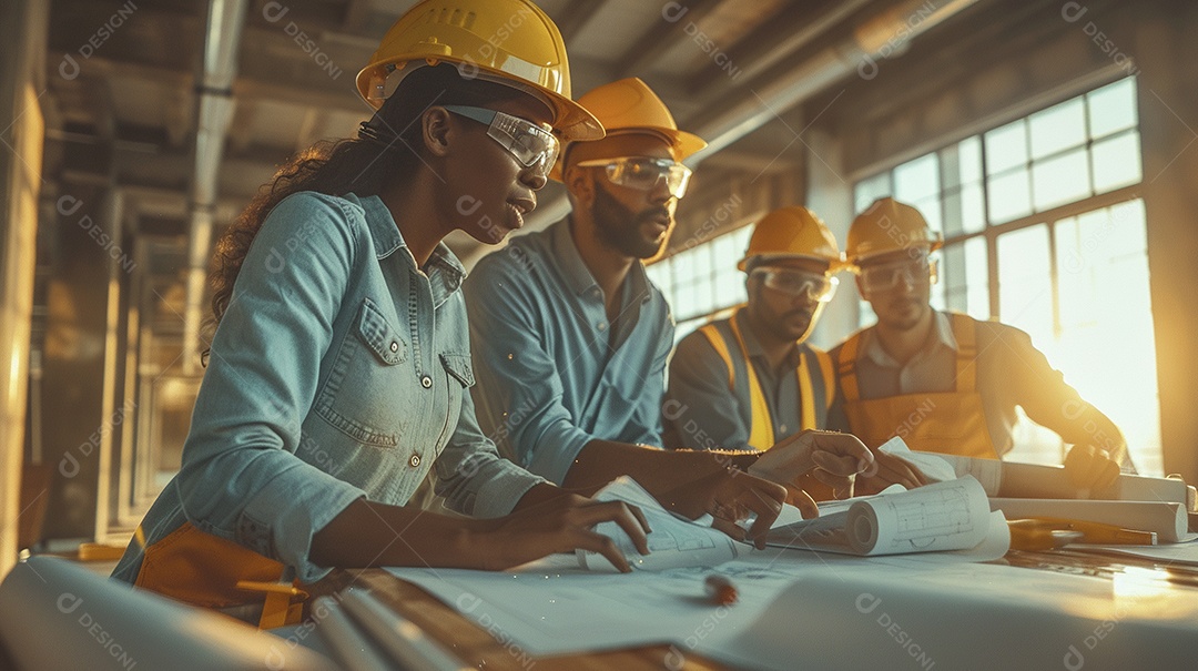 Equipe de engenheiros engajados, trabalhando em torno de uma mesa de conferência com plantas