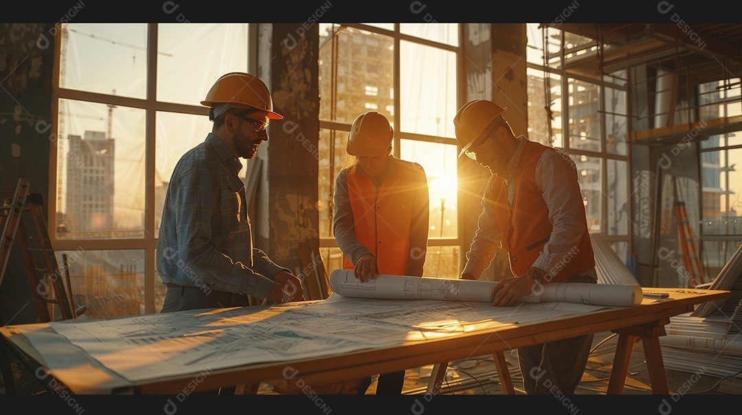 Equipe de engenheiros engajados, trabalhando em torno de uma mesa de conferência com plantas