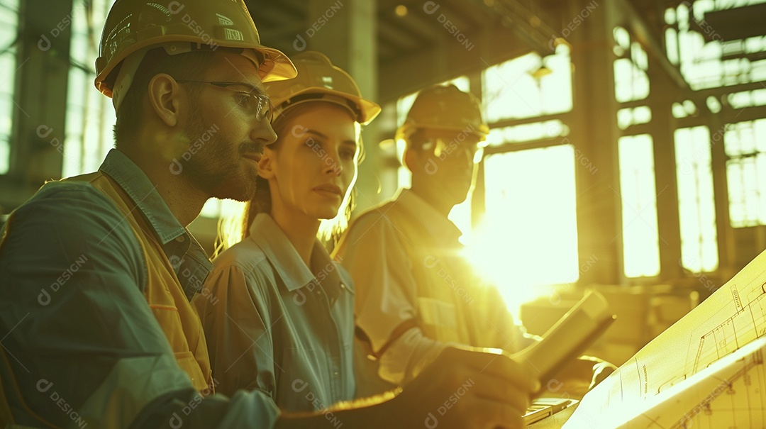 Equipe de engenheiros engajados, trabalhando em torno de uma mesa de conferência com plantas