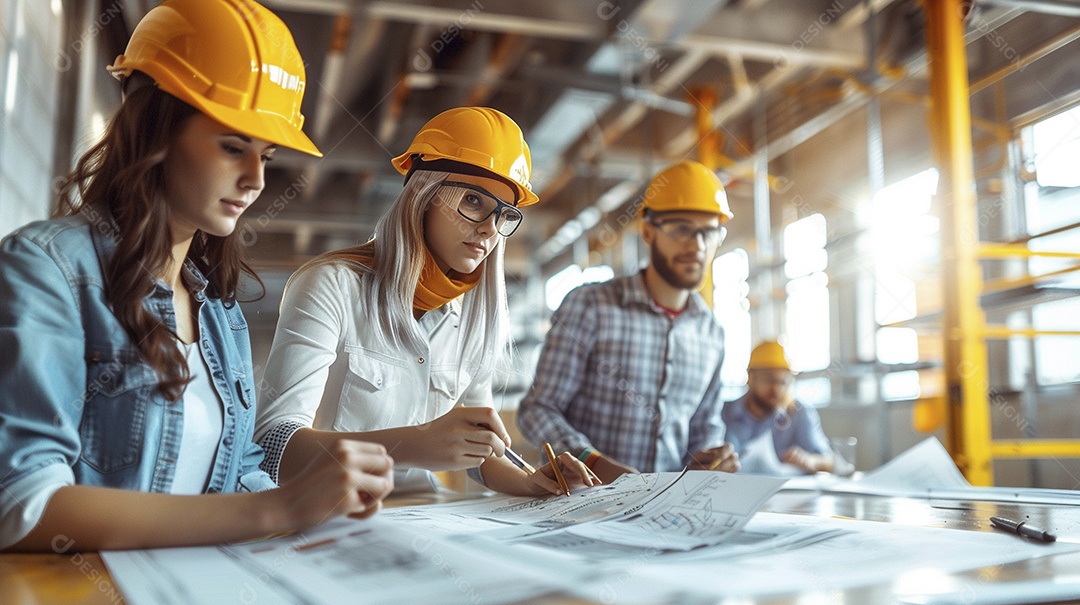 Equipe de engenheiros engajados, trabalhando em torno de uma mesa de conferência com plantas
