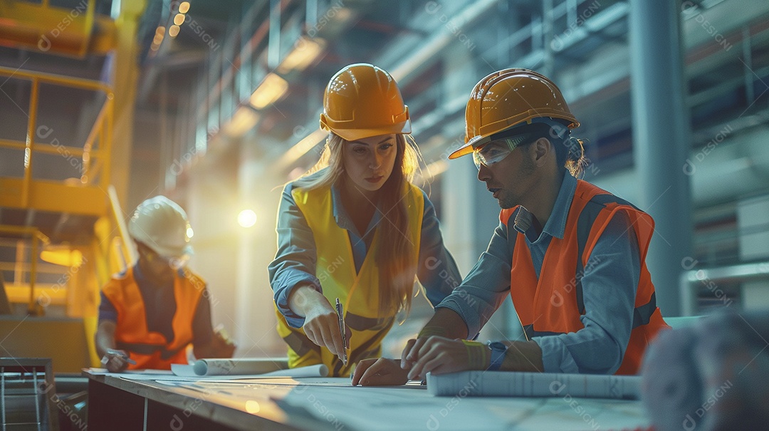 Equipe de engenheiros engajados, trabalhando em torno de uma mesa de conferência com plantas