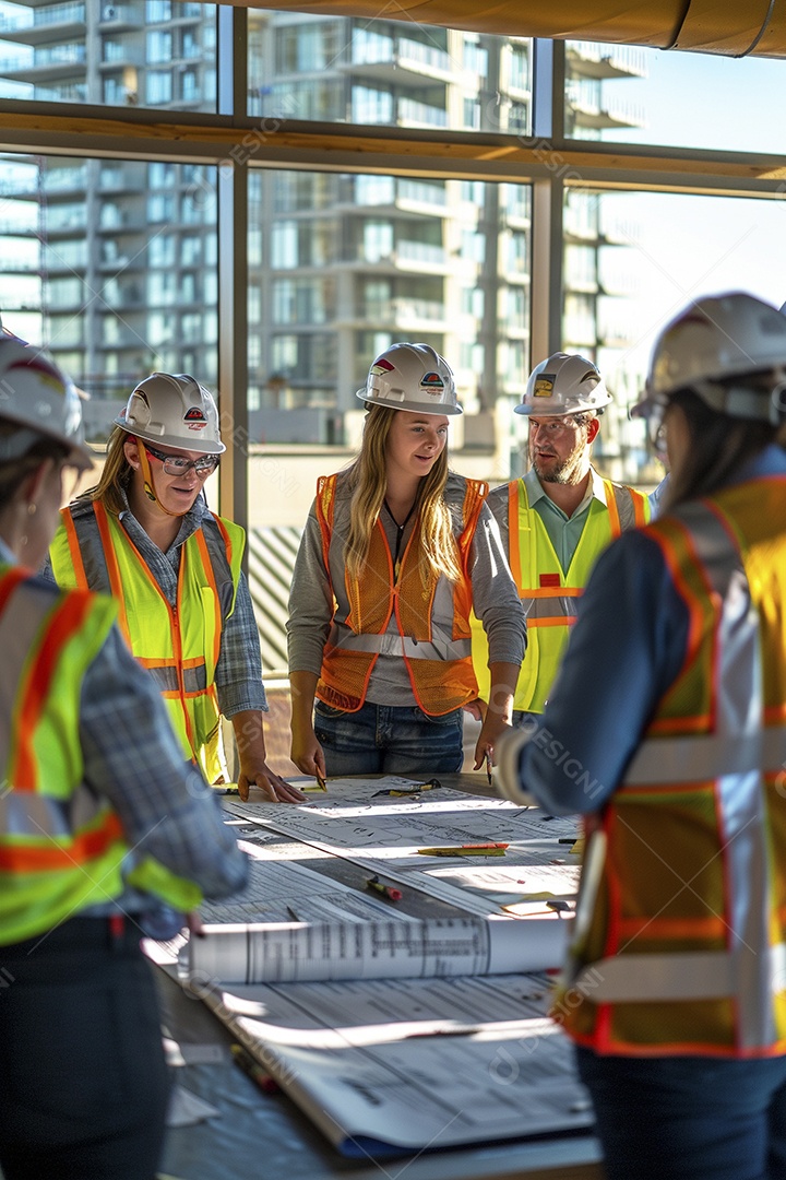 Equipe de engenheiros engajados, trabalhando em torno de uma mesa de conferência com plantas