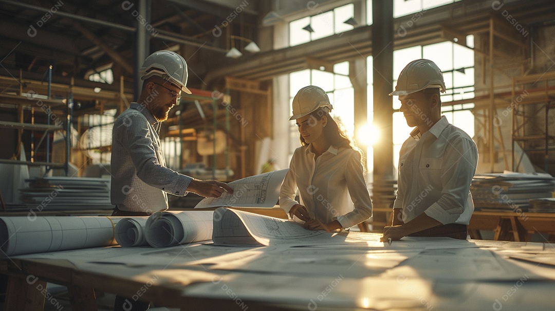 Equipe de engenheiros engajados, trabalhando em torno de uma mesa de conferência com plantas
