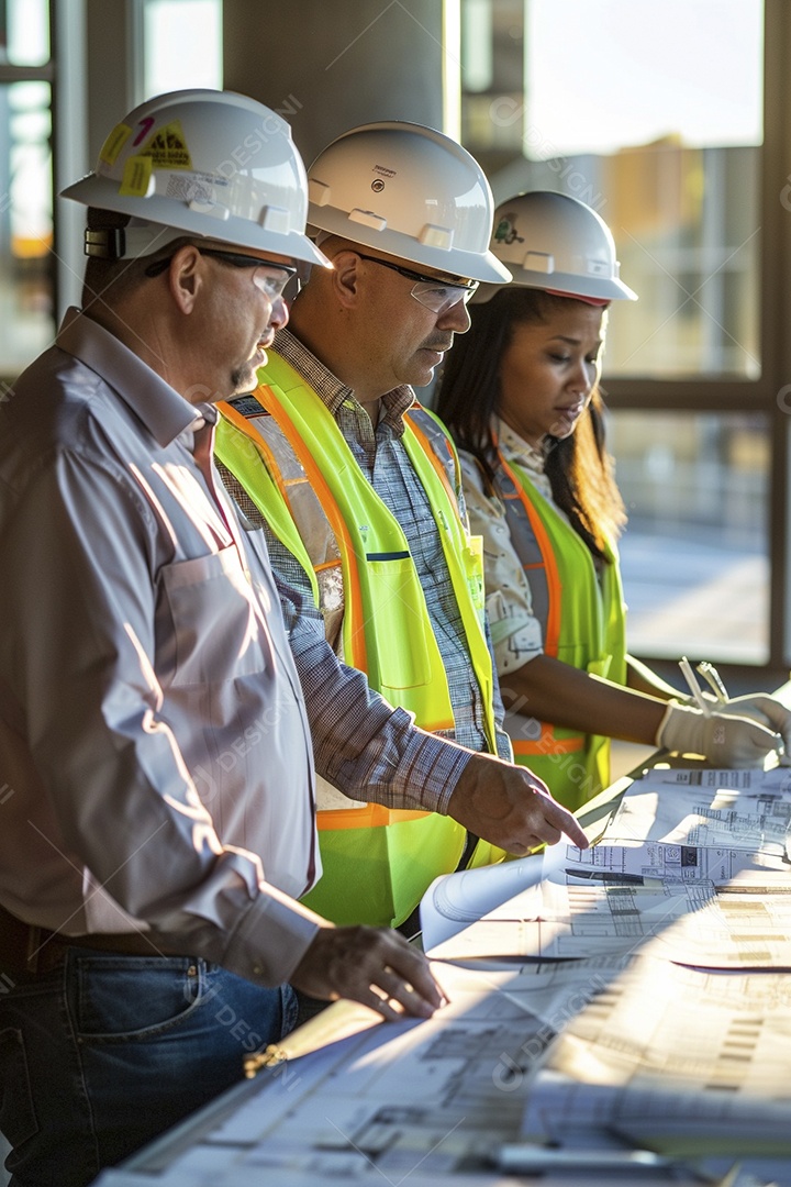 Equipe de engenheiros engajados, trabalhando em torno de uma mesa de conferência com plantas