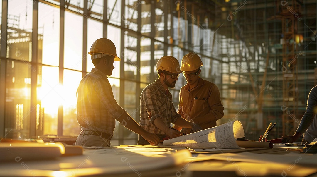 Equipe de engenheiros engajados, trabalhando em torno de uma mesa de conferência com plantas