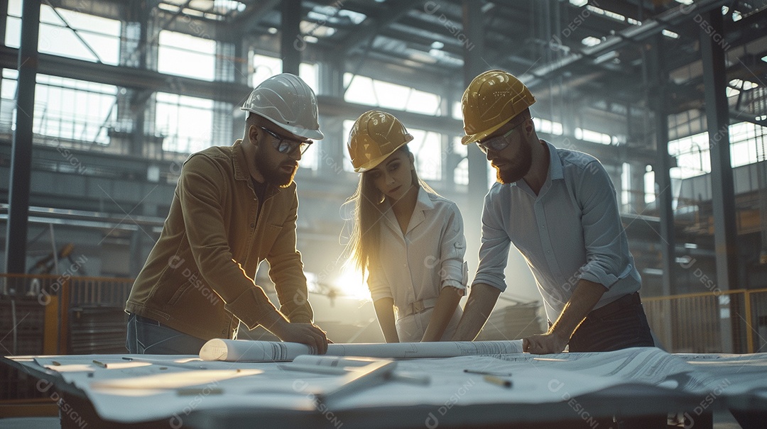 Equipe de engenheiros engajados, trabalhando em torno de uma mesa de conferência com plantas