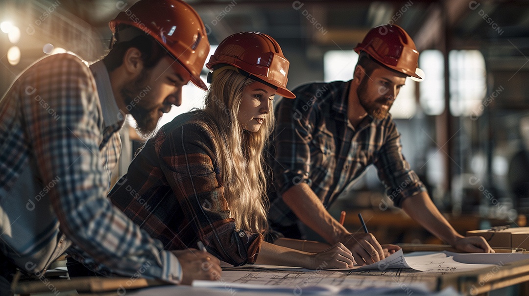 Equipe de engenheiros engajados, trabalhando em torno de uma mesa de conferência com plantas