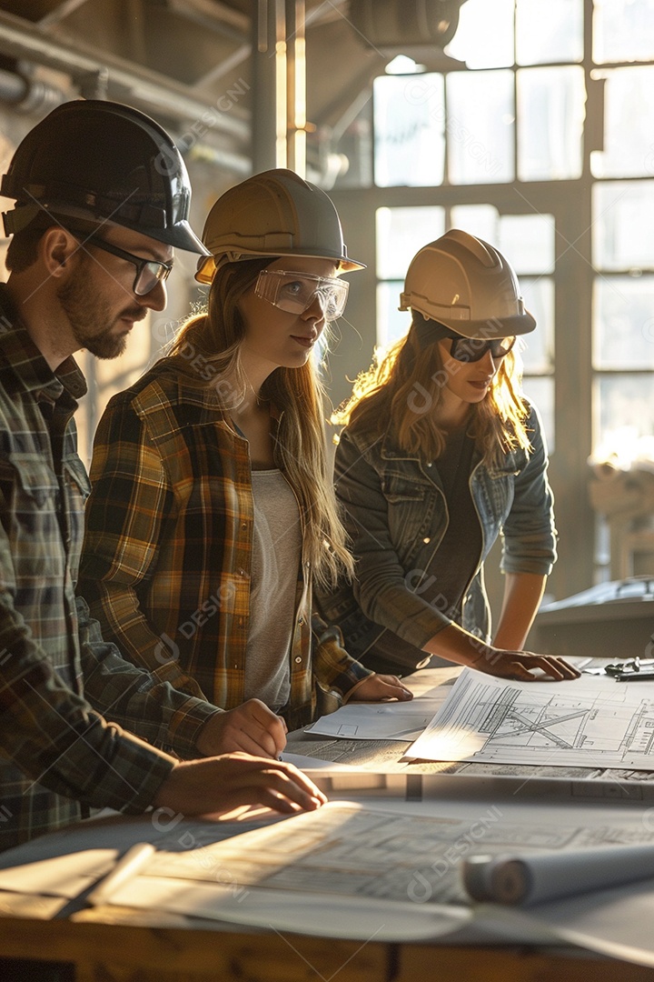 Equipe de engenheiros engajados, trabalhando em torno de uma mesa de conferência com plantas