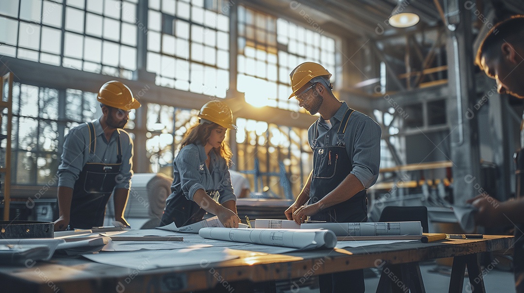 Equipe de engenheiros engajados, trabalhando em torno de uma mesa de conferência com plantas
