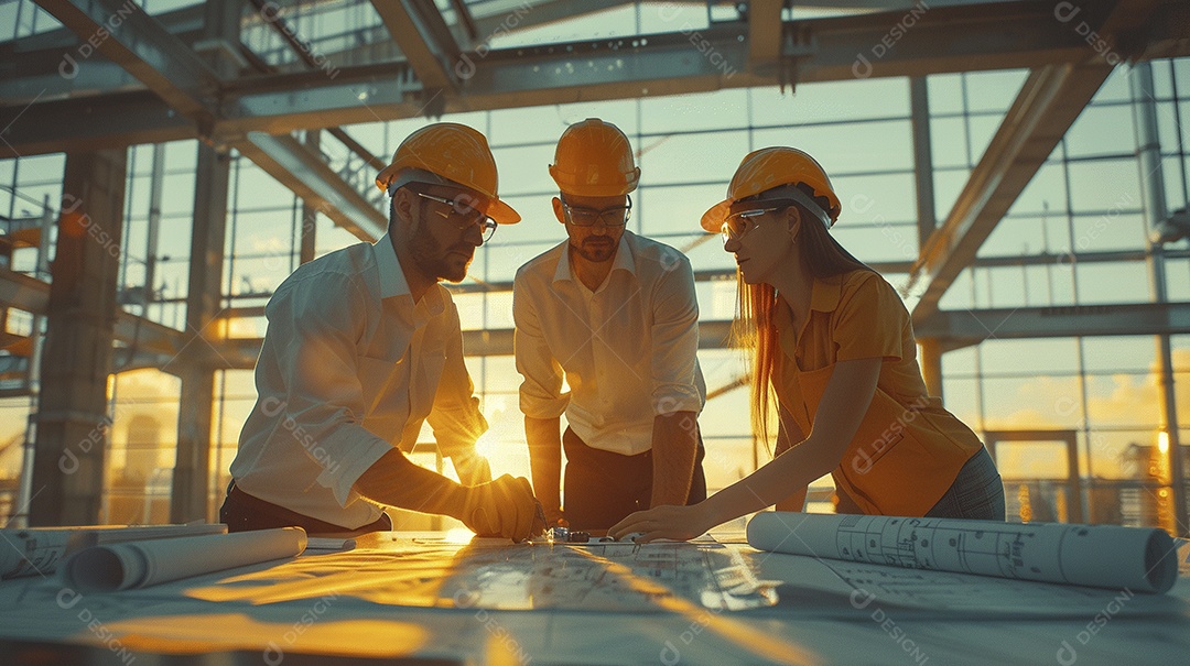 Equipe de engenheiros engajados, trabalhando em torno de uma mesa de conferência com plantas