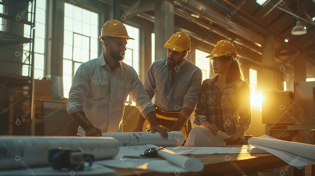 Equipe de engenheiros engajados, trabalhando em torno de uma mesa de conferência com plantas
