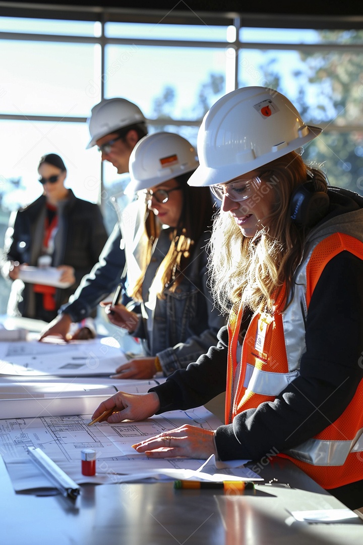 Equipe de engenheiros engajados, trabalhando em torno de uma mesa de conferência com plantas