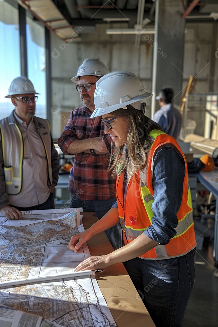 Equipe de engenheiros engajados, trabalhando em torno de uma mesa de conferência com plantas