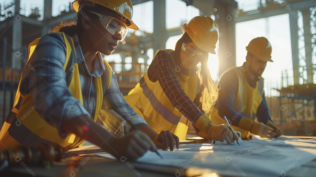 Equipe de engenheiros engajados, trabalhando em torno de uma mesa de conferência com plantas