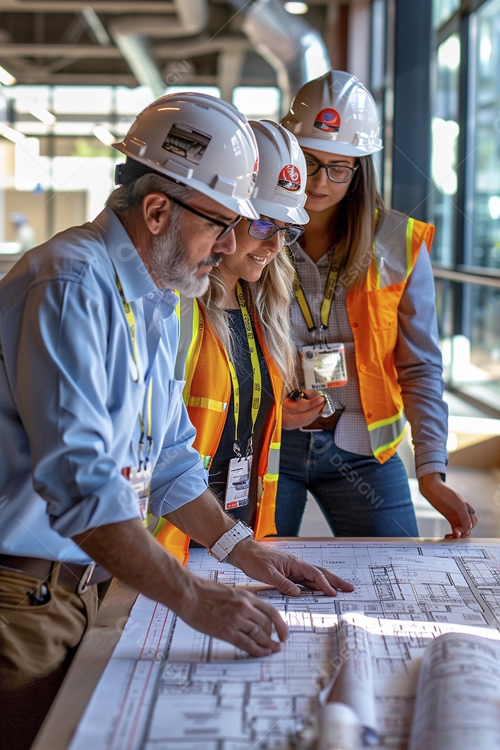 Equipe de engenheiros engajados, trabalhando em torno de uma mesa de conferência com plantas