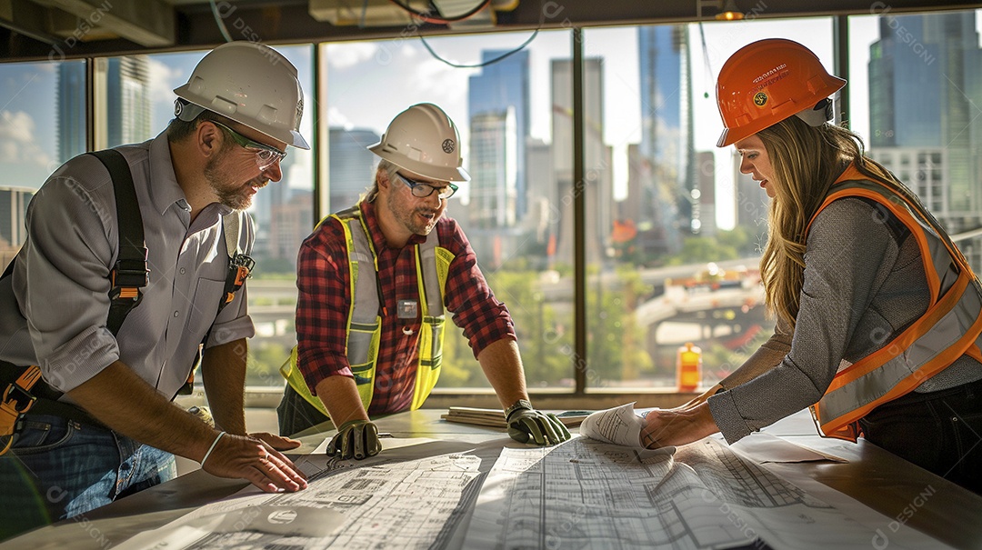 Equipe de engenheiros engajados, trabalhando em torno de uma mesa de conferência com plantas
