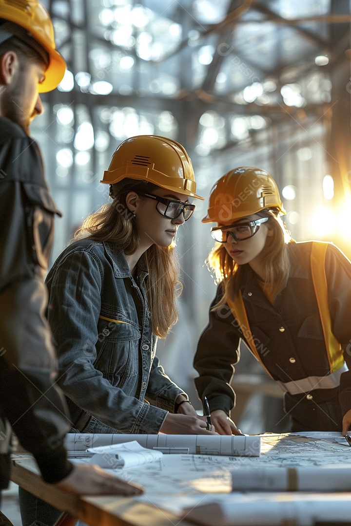 Equipe de engenheiros engajados, trabalhando em torno de uma mesa de conferência com plantas