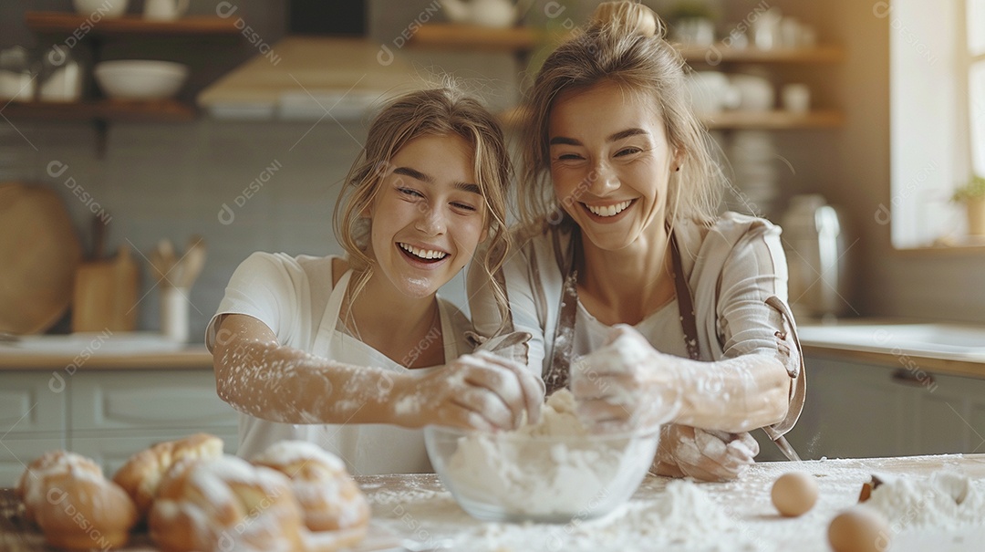 O vínculo alegre entre uma mãe e sua filha adolescente enquanto elas fazem um bolo juntas