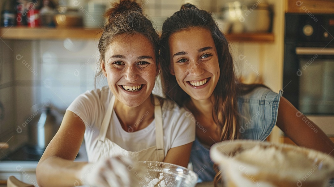 O vínculo alegre entre uma mãe e sua filha adolescente enquanto elas fazem um bolo juntas