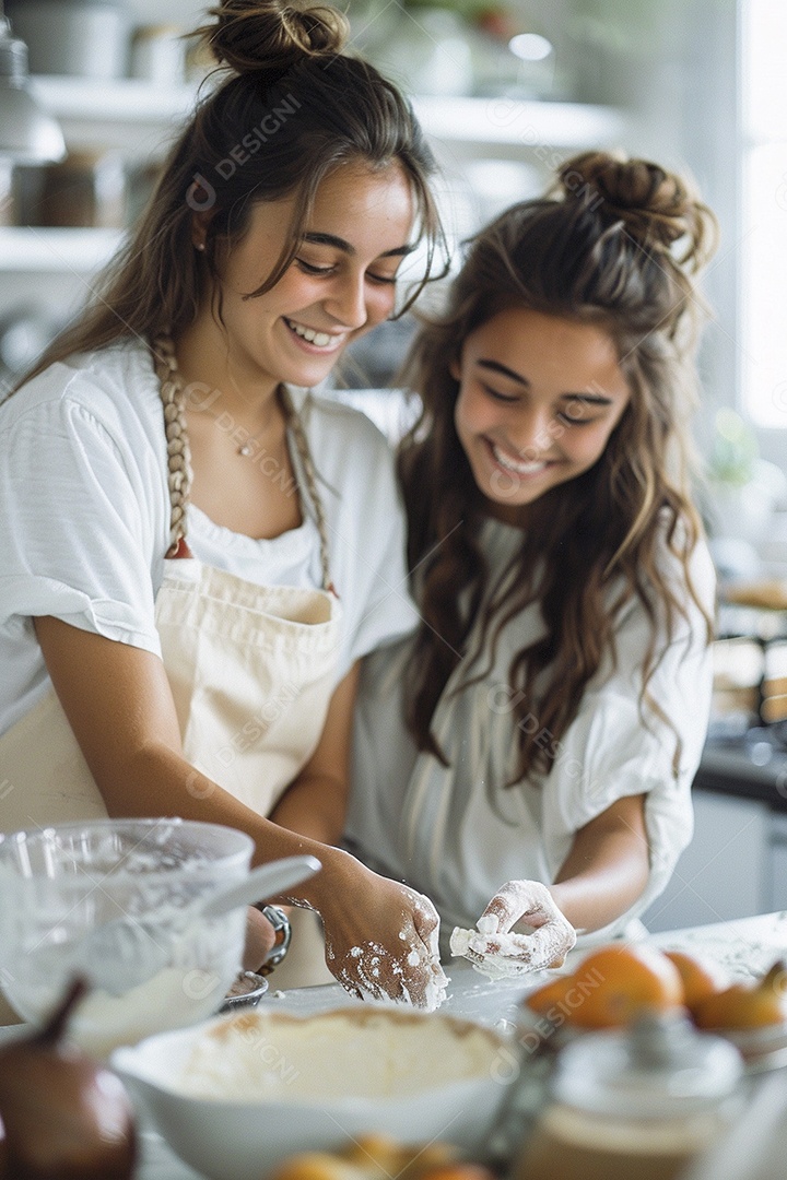 O vínculo alegre entre uma mãe e sua filha adolescente enquanto elas fazem um bolo juntas